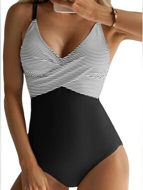 B2prity Black & White Striped One Piece Tummy Control Front Cross Bathing Suit